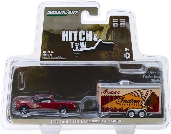 1:64 Hitch & Tow Series 18 - 2017 Ford F-150 Indian Motorcycle Enclosed Car Hauler 32180-c